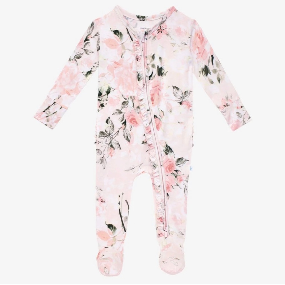 Posh Peanut Vintage Pink Rose Footie Ruffled Zippered One Piece
